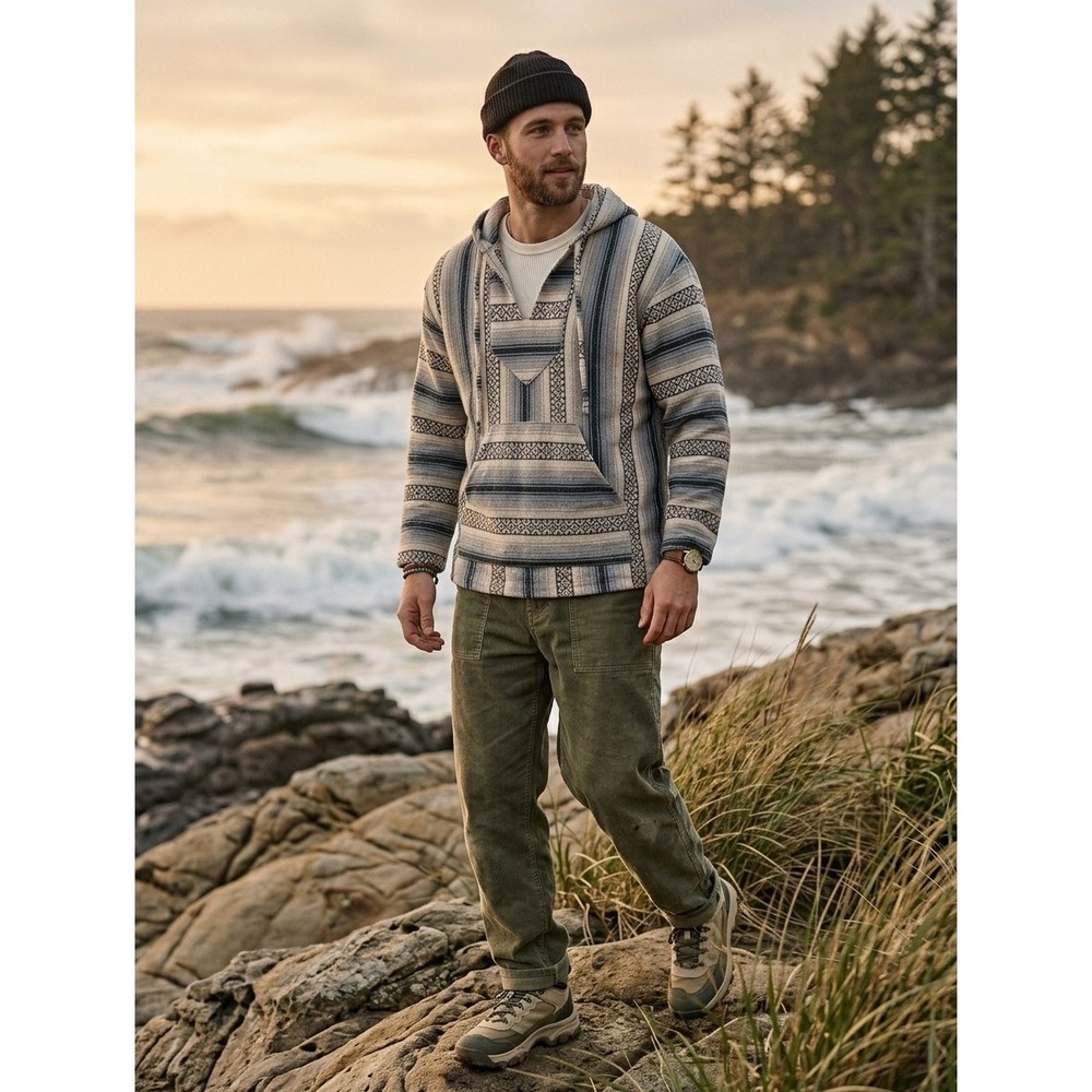 PULL&BEAR Men's Knit Pullover Hoodie Drawstring Pocket Gray/White Geo XS Baja